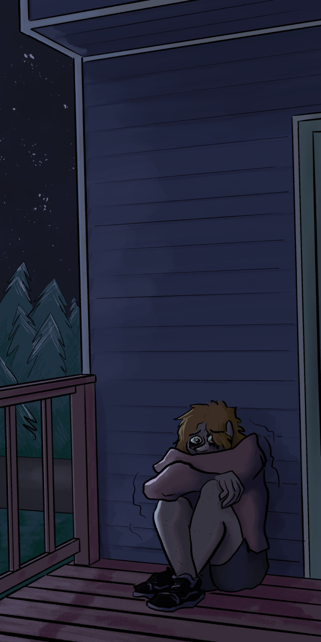 Illustration of a character sitting on a backyard porch